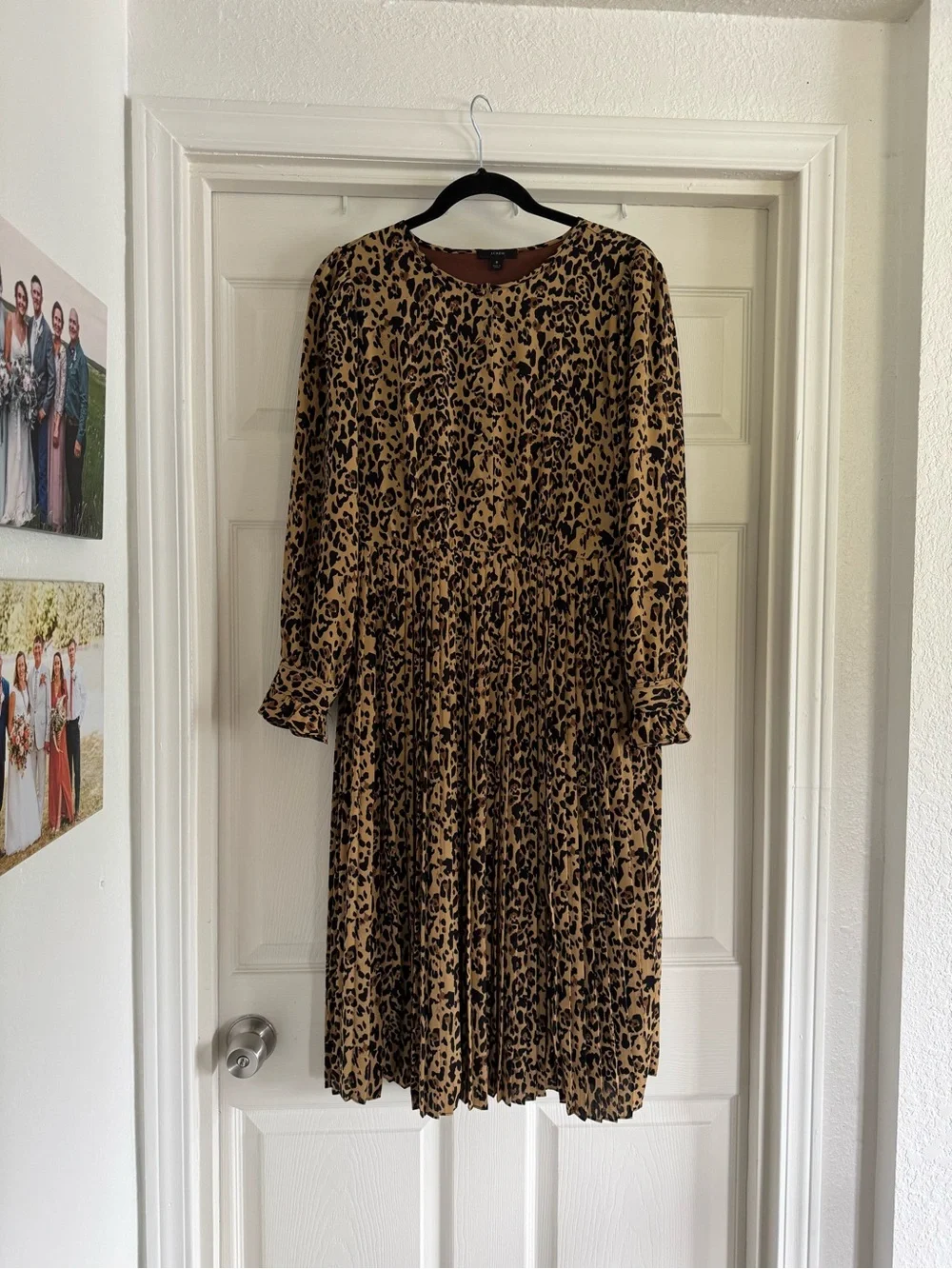 J. Crew Leopard Print Long Sleeve Pleated Midi Dress - Tan & Black